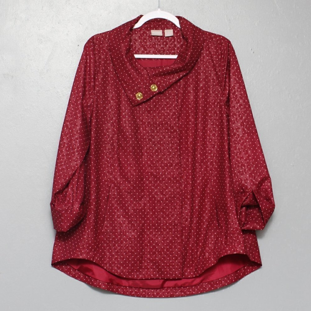 Chico’s subtle leopard print burgundy & white polka dot gold button rain jacket